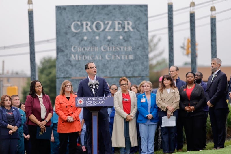 Pennsylvania Gov. John Shapiro announces proposed legislation in front of the now-closed Crozer-Chester Medical Center in Chester, Delaware County, May 15, 2025.