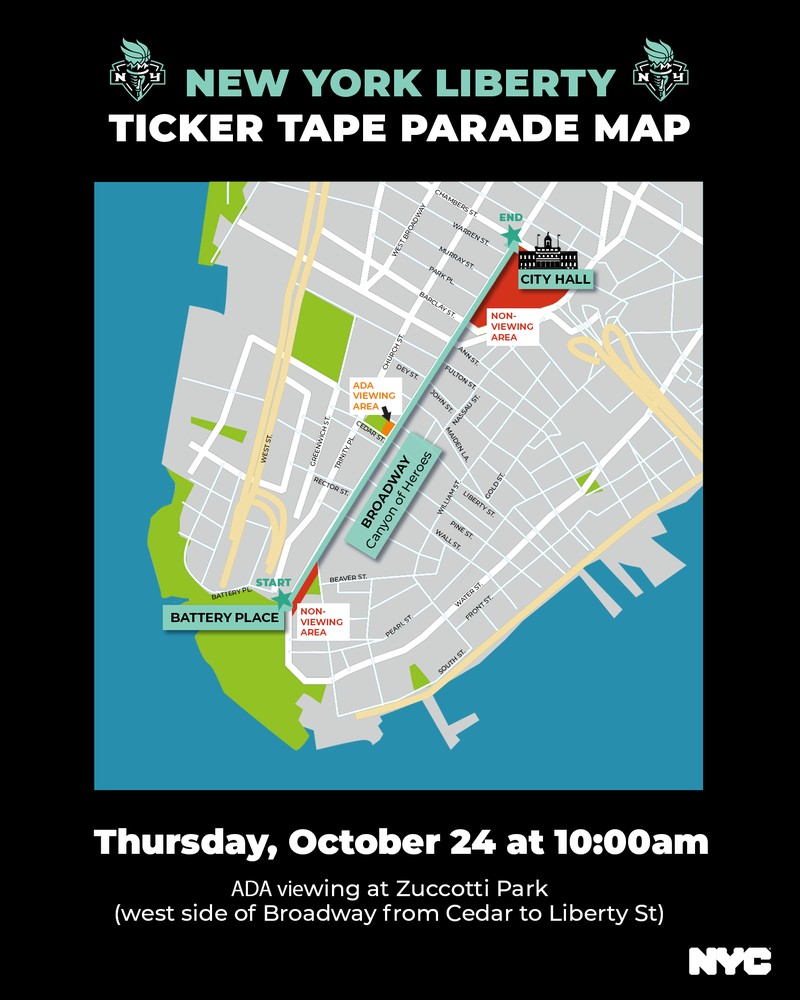 A parade map shows the route from Battery Place to City Hall