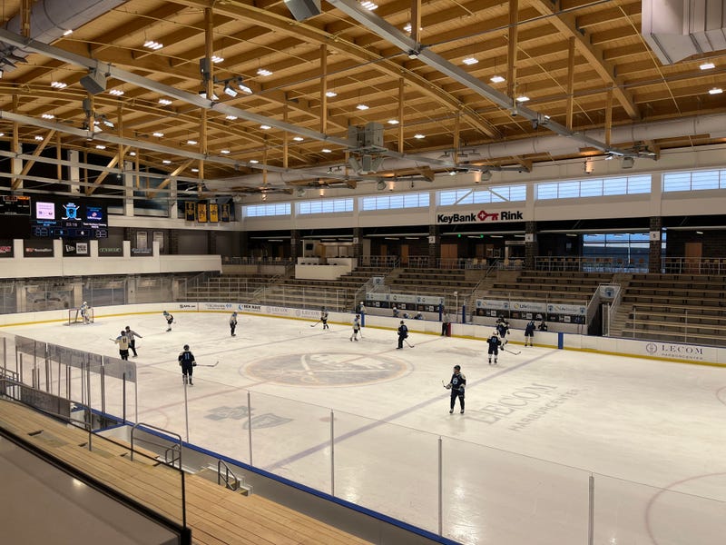 Skaters are on the ice at the LECOM Harbor Center in downtown Buffalo.