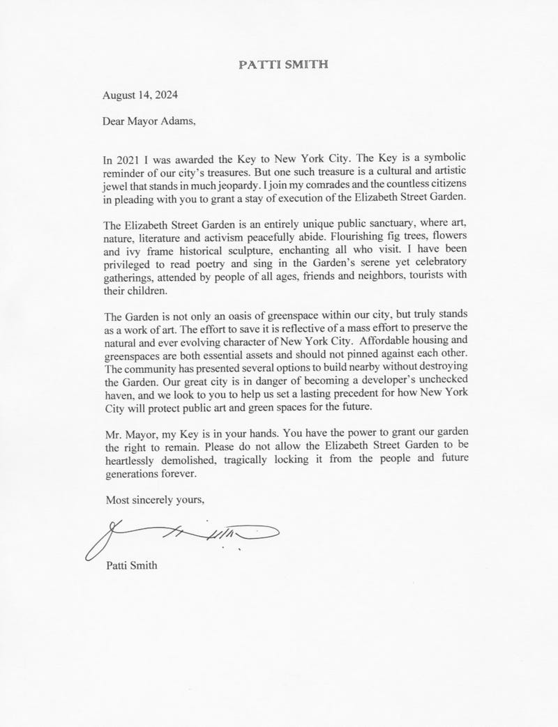 A letter calling for the preservation of the Elizabeth Street Garden by Patti Smith.