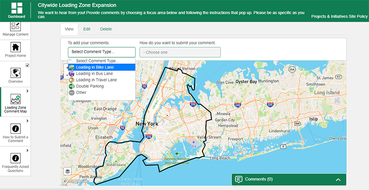 A screenshot of the NYC DOT nyc.gov/Loading web platform.