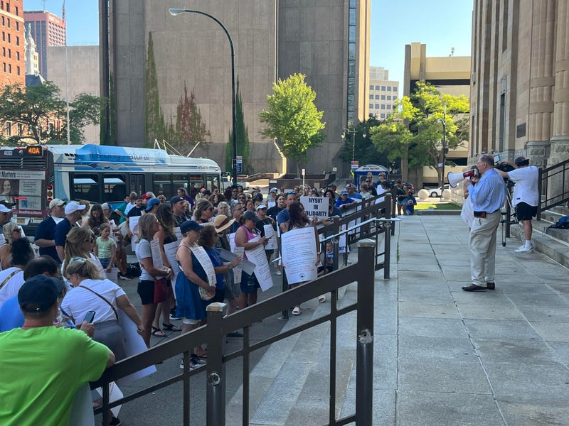 A large group of Buffalo teachers gather outside Buffalo City Hall. 08/24/22