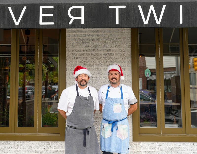 River Twice chef and co-owner Randy Rucker with Dominic Piperno, chef and co-owner of Collingswood’s Hearthside restaurant, during a previous year’s Christmas in July event.