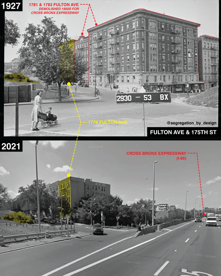 Images from before and after construction of the Cross-Bronx Expressway at Fulton Avenue and East 175th Street. 