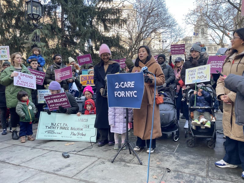 Parents, toddlers and local officials march at City Hall in support of universal 2-Care in New York City on Jan. 12, 2025.
