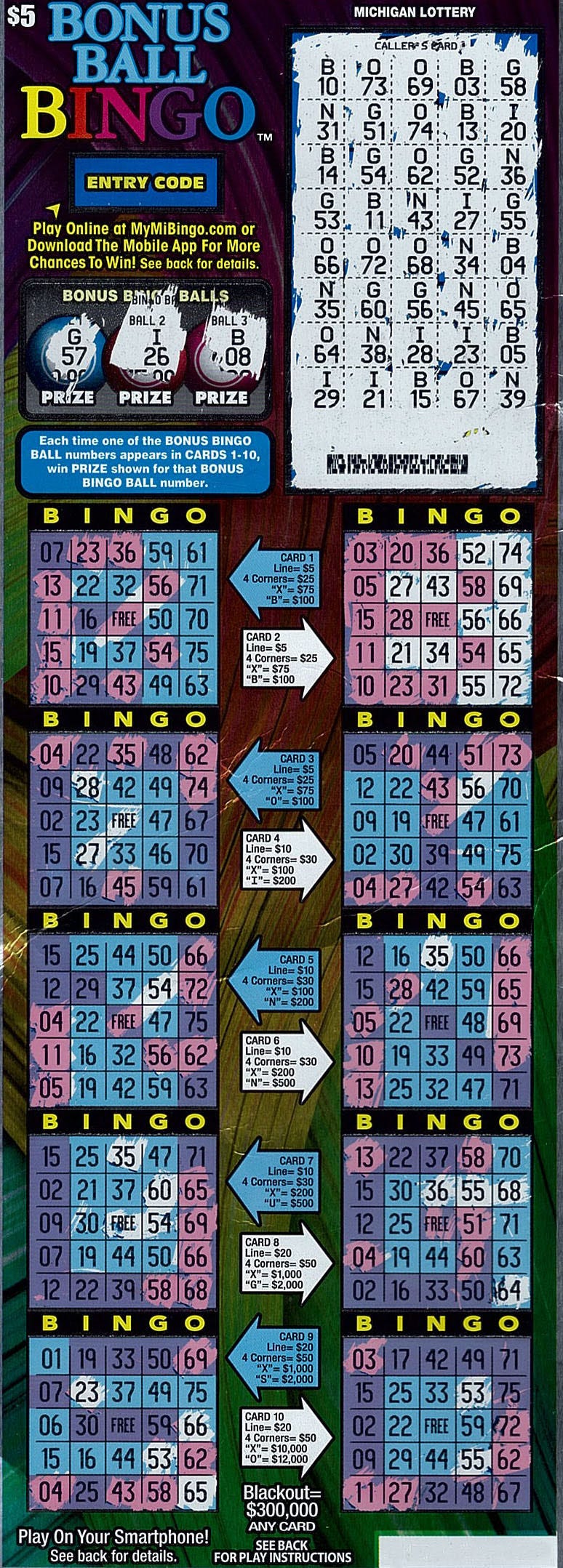 Winning Bonus Ball Bingo scratch-off ticket 