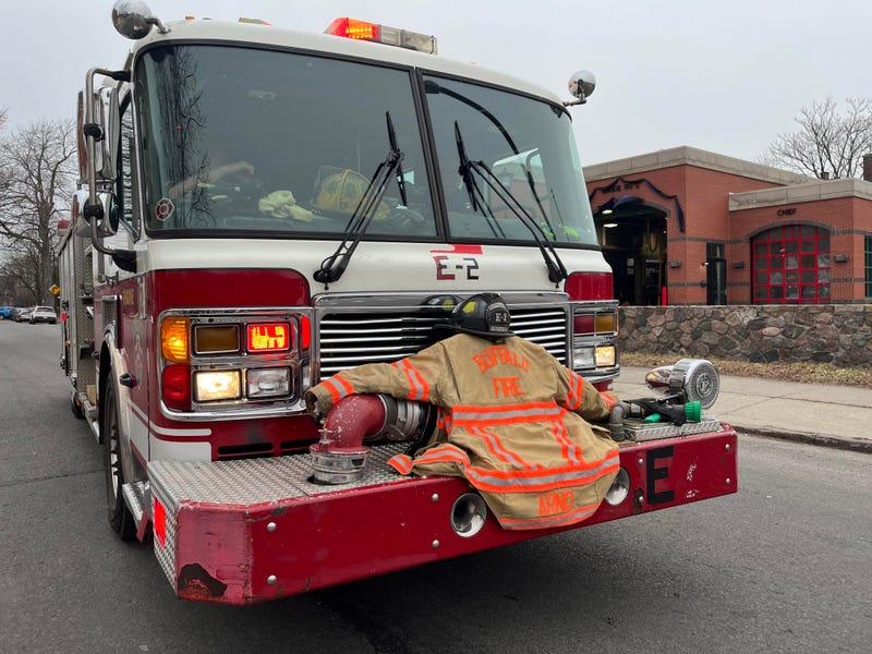 An Engine No. 2 firetruck with the gear of fallen firefighter, Jason Arno. Buffalo, N.Y. (03/10/2023)