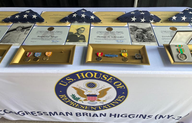 Some of the medals, ribbons and flags awarded to the veterans, received by their families at the Buffalo and Erie County Naval and Military Park in Buffalo, N.Y. (06/02/2023).