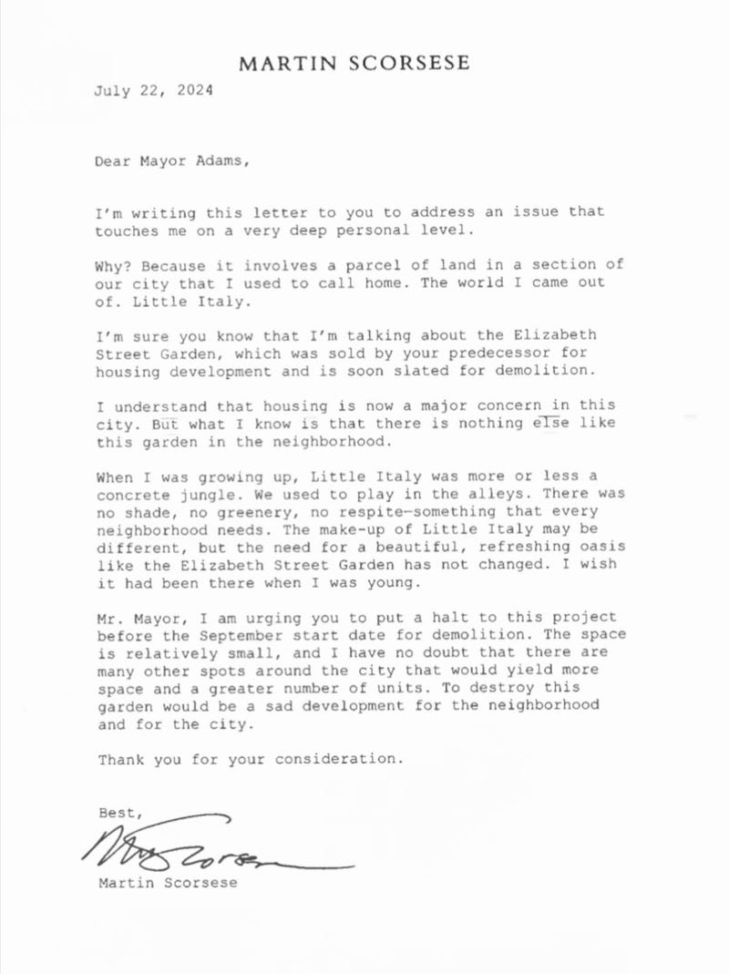 A letter calling for the preservation of the Elizabeth Street Garden by Martin Scorsese.