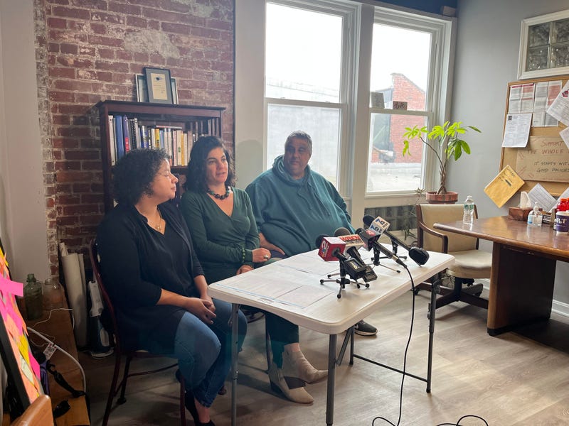 Parent leaders Danielle Grzymala, Jessica Bauer Walker and Ed Speidel hold a press conference on 11/06/2023.