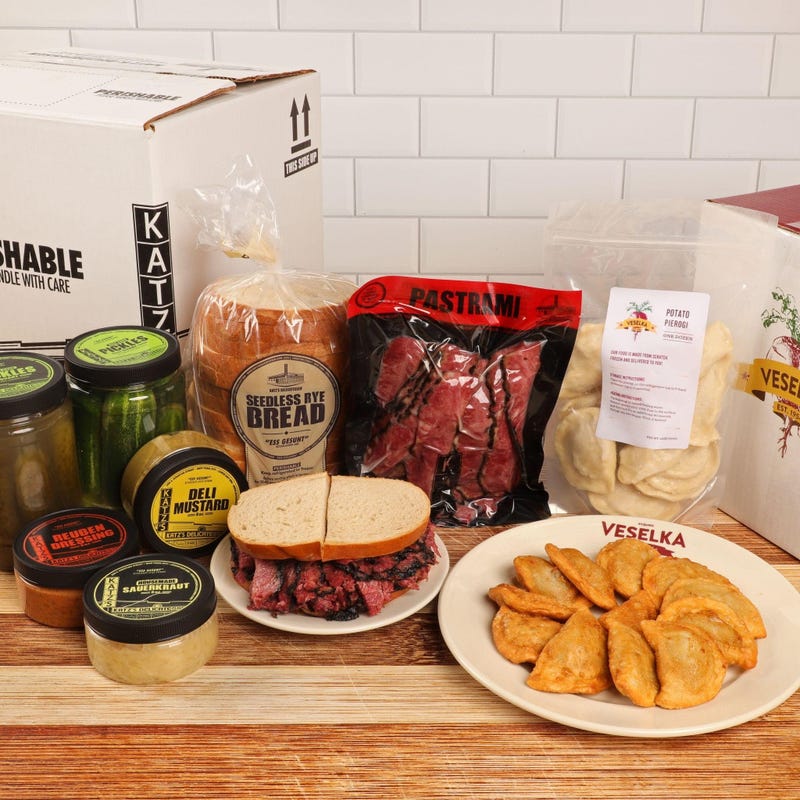 The “New York Classics Package” features a dozen Veselka classic potato pierogis and Katz’s hand-carved pastrami with an array of fixing like deli rye and full sour pickles