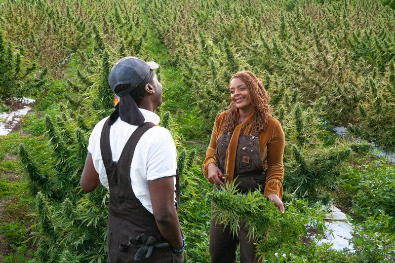 Jasmine Burems and King Aswad standing with their first hemp harvest in 2018.