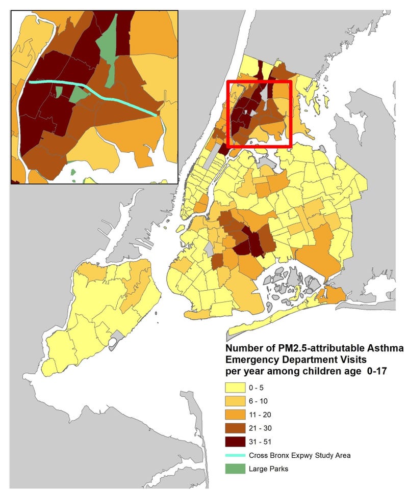 A map of air pollution-driven asthma emergency department visits for children under age 18. 