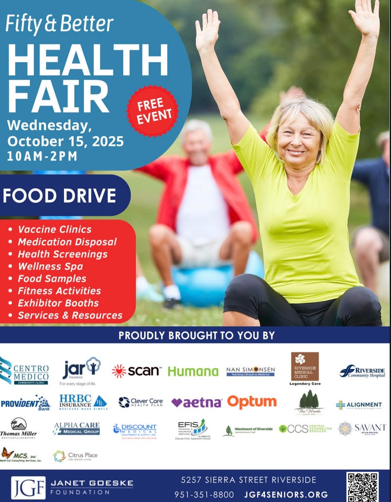 Fifty and Better Health Fair flyer with enthusiastic senior exercising in neon shirt