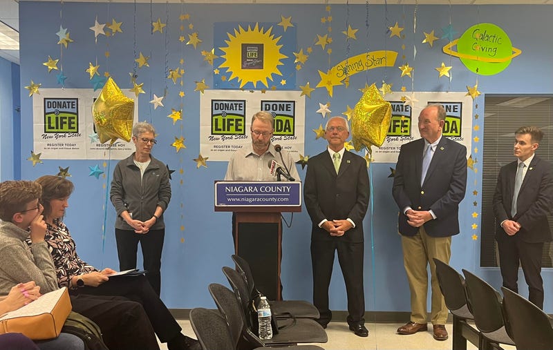 Niagara County resident Tim Synor shares his heart transplant story at the North Tonawanda DMV on April 11, 2024. 