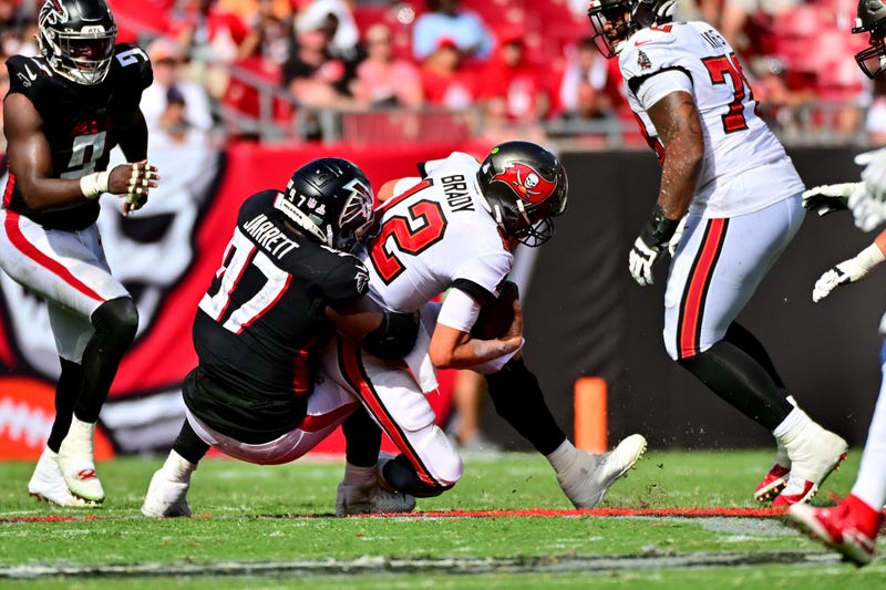 Atlanta Falcons DT Grady Jarrett sacks Tampa Bay Buccaneers QB Tom Brady late in the 4th Quarter before being flagged for roughing the passer. 