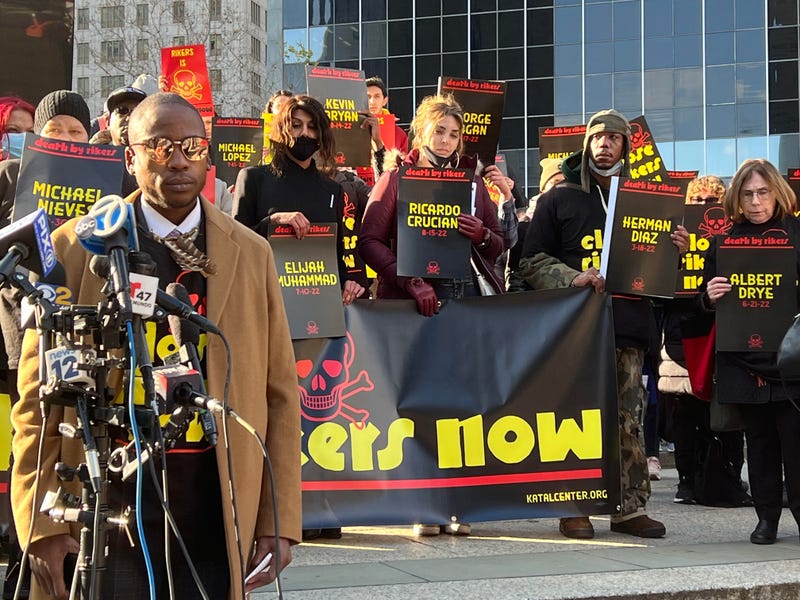Protesters in Foley Square observed a minute of silence in memory of the 18 Rikers Island detainees who died in custody this year.