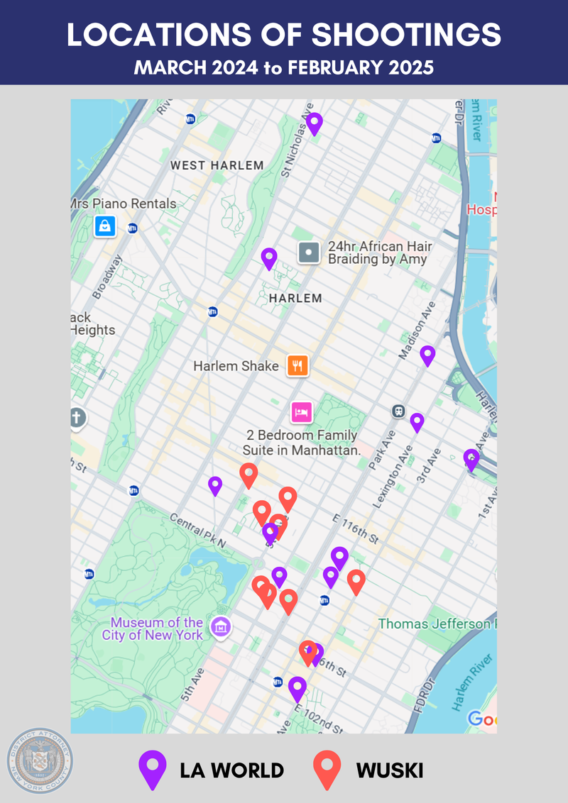 Locations of shootings in the alleged gang war between LA World and Wuski.
