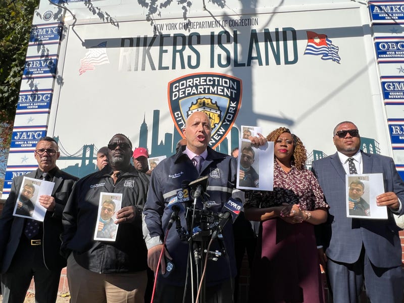 COBA President Benny Boscio briefs the press Wednesday in front of the Rikers Island jail sign, slamming the latest attack on a correction officer one day after another officer was stabbed.COBA President Benny Boscio briefs the press Wednesday in front of the Rikers Island jail sign, slamming the latest attack on a correction officer one day after another officer was stabbed.