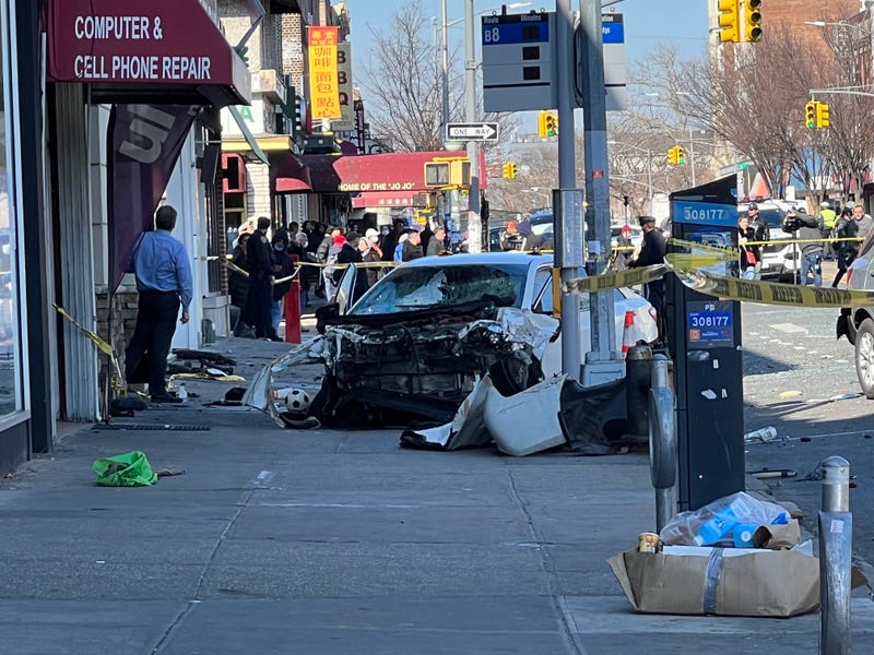 At least seven people were hurt after a car jumped a curb in Brooklyn Monday afternoon.