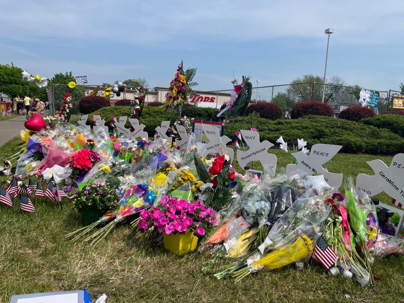 Flowers that and doves that were placed shortly following the deadly massacre at the Jefferson Avenue Tops Supermarket on May 14th, 2022 in Buffalo.