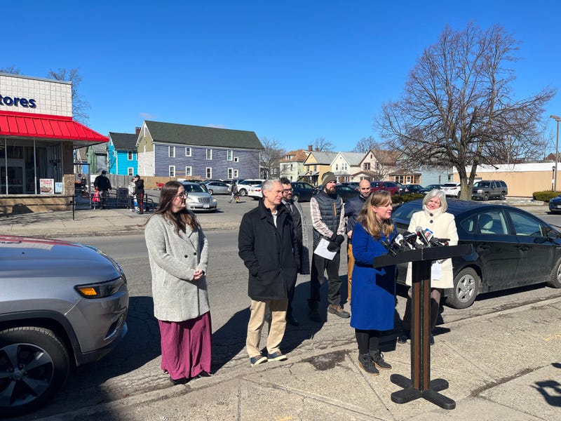 Partnership for the Public Good and Sen. Sean Ryan speaking outside a Save A Lot on Grant St. in Buffalo, N.Y. (3/7/23).