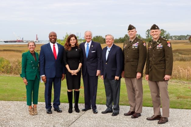 SC Ports CEO Barbara Melvin, US Senator Tim Scott, Congresswoman Nancy Mace, Governor Henry McMaster, US Senator Lindsey Graham, Brig. Gen. Daniel H. Hibner of the U.S. Army Corps of Engineers and Lt. Col. Andrew Johannes of the U.S. Army Corps of Engineers celebrate the Charleston Harbor Deepening Project.