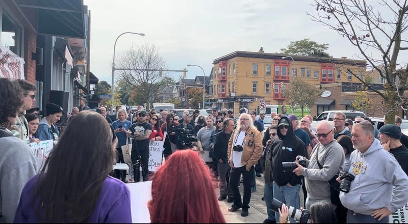 The large gathering for the picket outside Starbucks on Elmwood Avenue.
