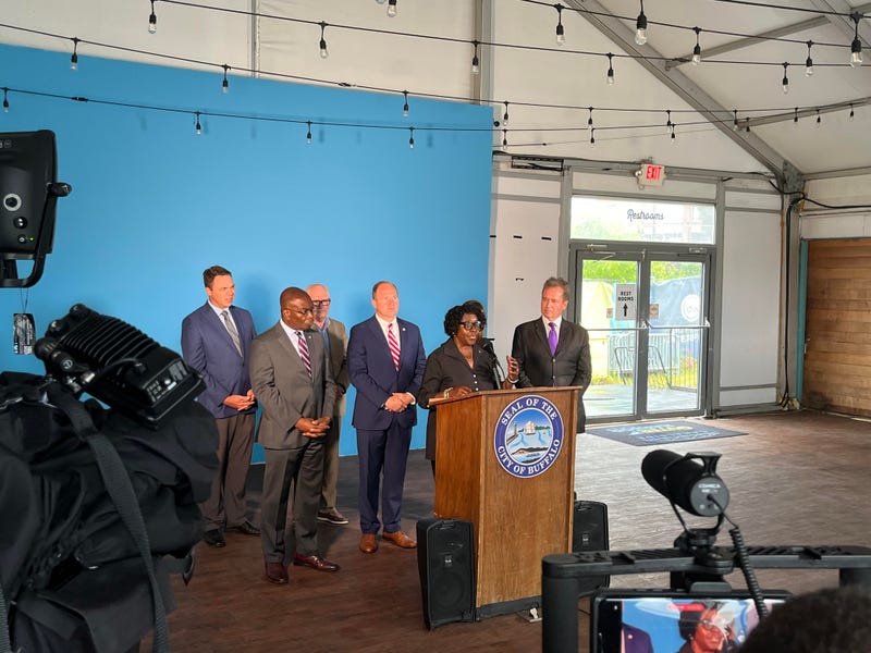 From left to right: Michael Finn, Commissioner of Public Works, Buffalo Mayor Byron Brown, Executive Director of Buffalo Place Michael Schmand, New York State Assembly Leader Crystal Peoples-Stokes and Congressman Brain Higgins in Buffalo on July 18th, 2022.