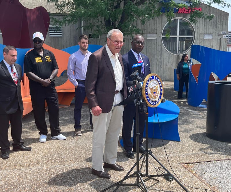 Senator Chuck Schumer along side Byron Brown near Summer-Best NFTA Station on July 8th, 2022. 