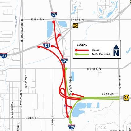 Closures and detour I-135/I-235 interchange