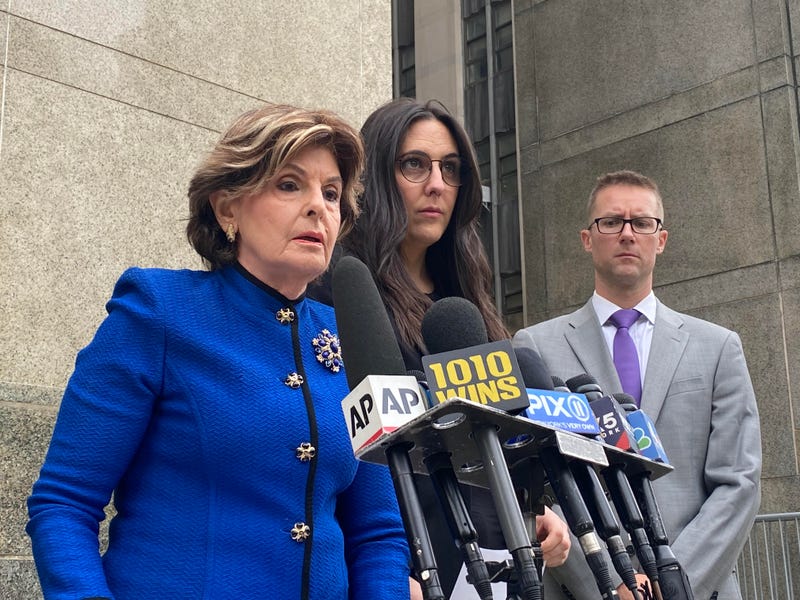 Gloria Allred with an accuser outside Manhattan Criminal Court on Oct. 13, 2022. Allred said the case had an "unjust outcome"