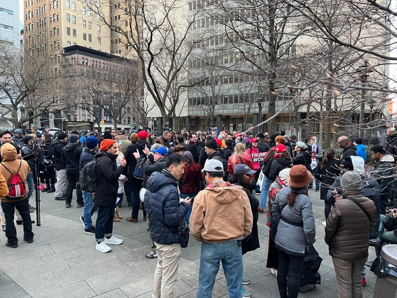 Supporters of former President Donald Trump gathered in Lower Manhattan to "peacefully protest" the possible indictment.
