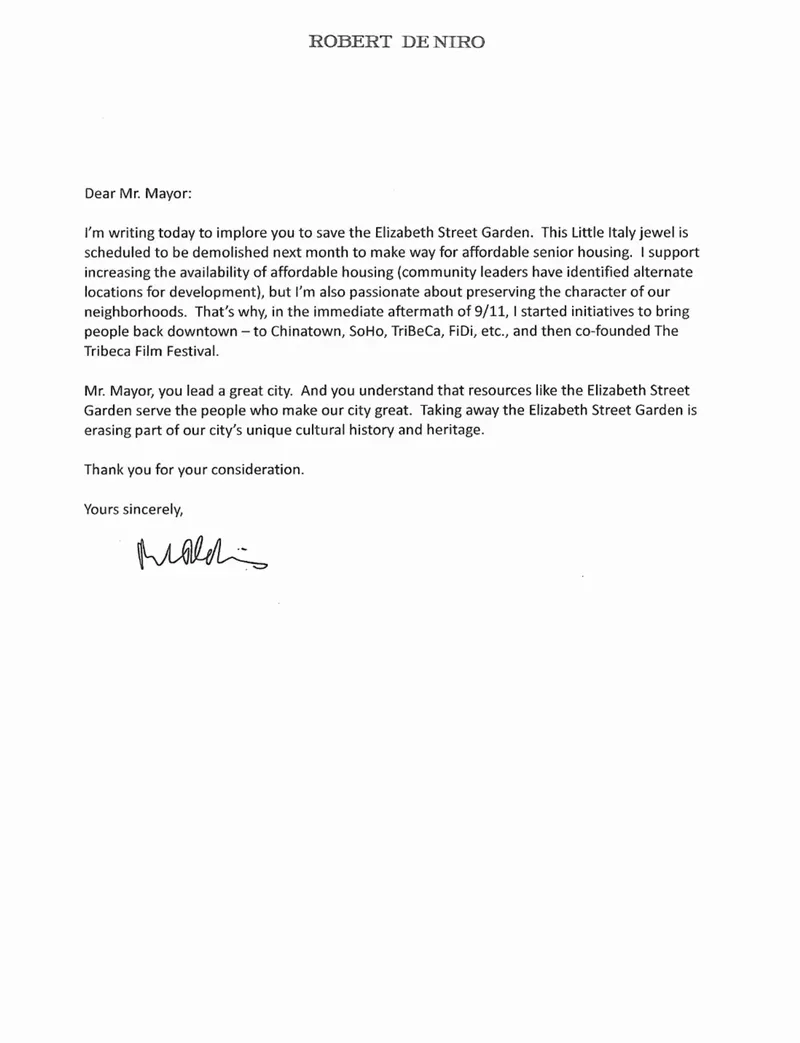 A letter calling for the preservation of the Elizabeth Street Garden by Robert De Niro. 