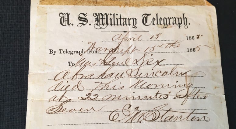 The original telegram of Abraham Lincoln's death.