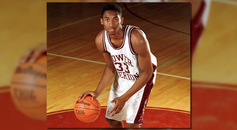 Kobe Bryant photographed on court at Lower Merion High School.