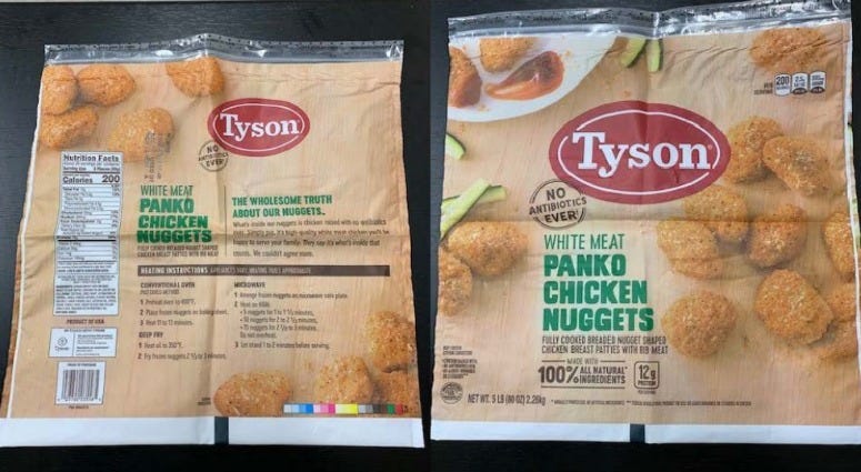 Tyson Foods is recalling 36,420 pounds of chicken nuggets — not because the chicken is rubbery, but — because rubber may actually be in them.