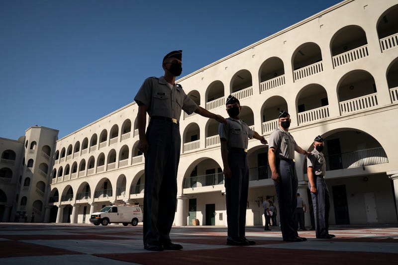 Upperclass cadets plan for social distancing formation before freshmen arrive Aug 2020 - Citadel