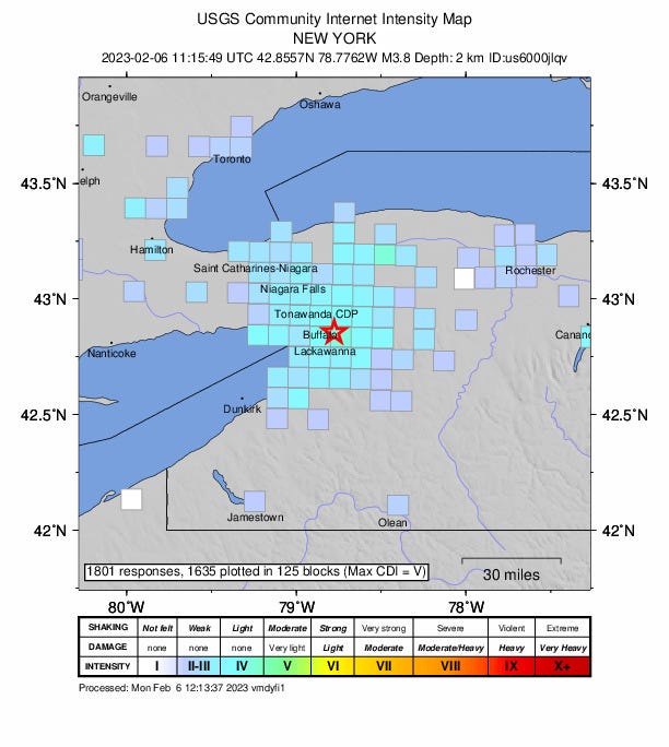 The earthquake struck West Seneca, New York, at 6:15 a.m. on Feb. 6, 2023