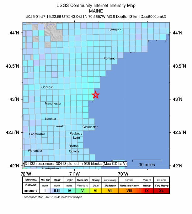 The earthquake hit off York Harbor, Maine