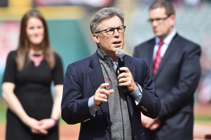 Apr 11, 2017; Cleveland, OH, USA; Cleveland Indians owner Paul Dolan speaks during the American League Championship ring ceremony before the opening day game between the Cleveland Indians and the Chicago White Sox at Progressive Field. Mandatory Credit: K