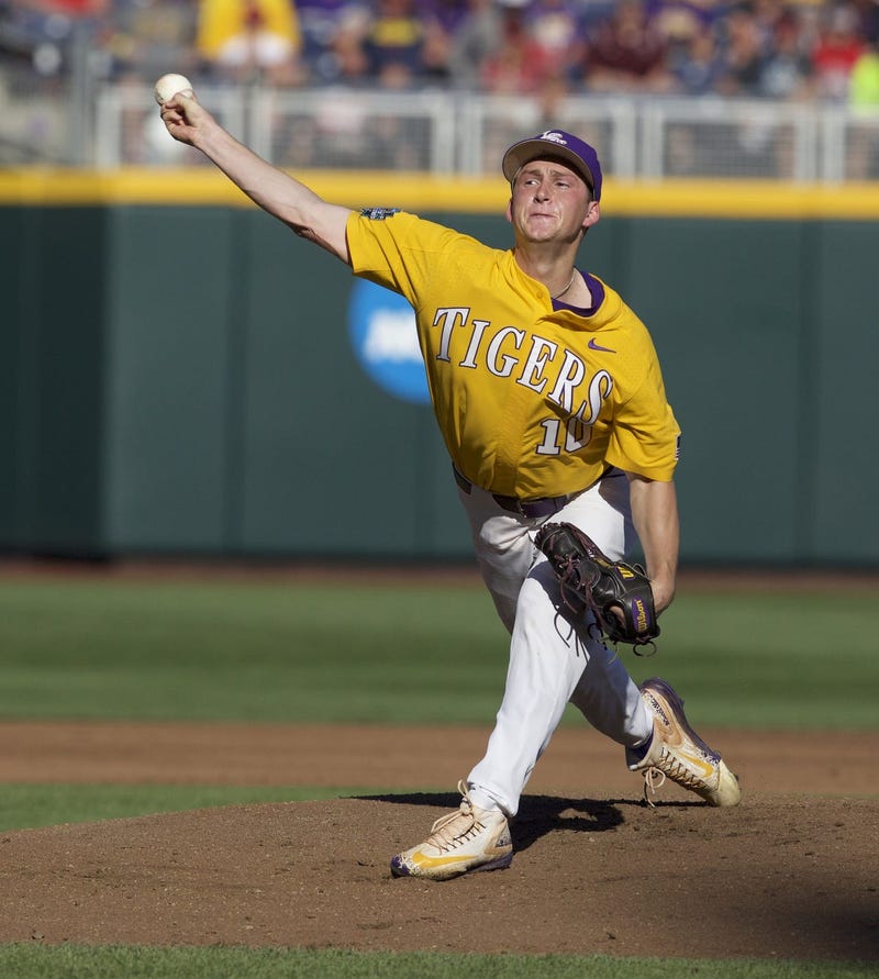 Jun 19, 2017; Omaha, NE, USA; LSU Tigers pitcher Eric Walker (10) throws the ball against the Oregon State Beavers in the first inning at TD Ameritrade Park Omaha