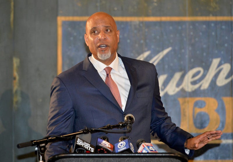  Major League Baseball Player Association executive director Tony Clark speaks during a presentation at the Negro Leagues Baseball Museum.