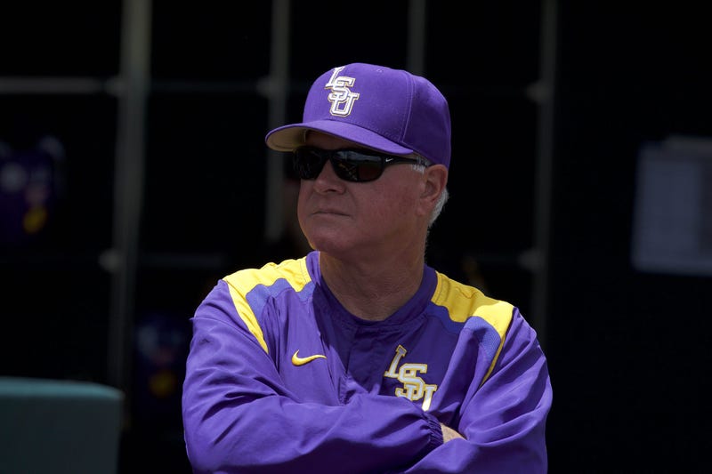 Jun 23, 2017; Omaha, NE, USA; LSU Tigers head coach Paul Mainieri looks out from the dugout prior to the game against the Oregon State Beavers at TD Ameritrade Park Omaha.
