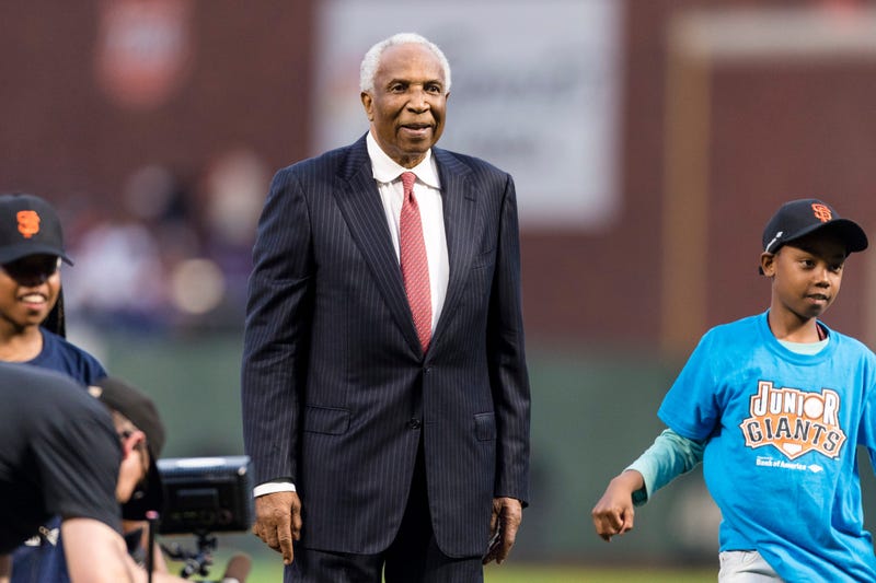 Sep 13, 2017; San Francisco, CA, USA; Baseball legend Frank Robinson stands on the mound before the game between the San Francisco Giants and the Los Angeles Dodgers at AT&T Park. Mandatory Credit: John Hefti-USA TODAY Sports