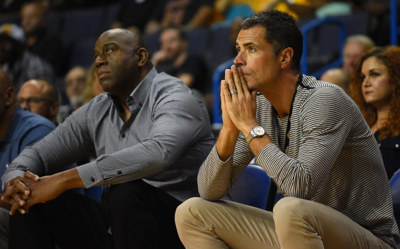 Oct 4, 2017; Ontario, CA, USA; Los Angeles Lakers general manager Rob Pelinka watches the game against the Denver Nuggets with team president Magic Johnson at Citizens Business Bank Arena.
