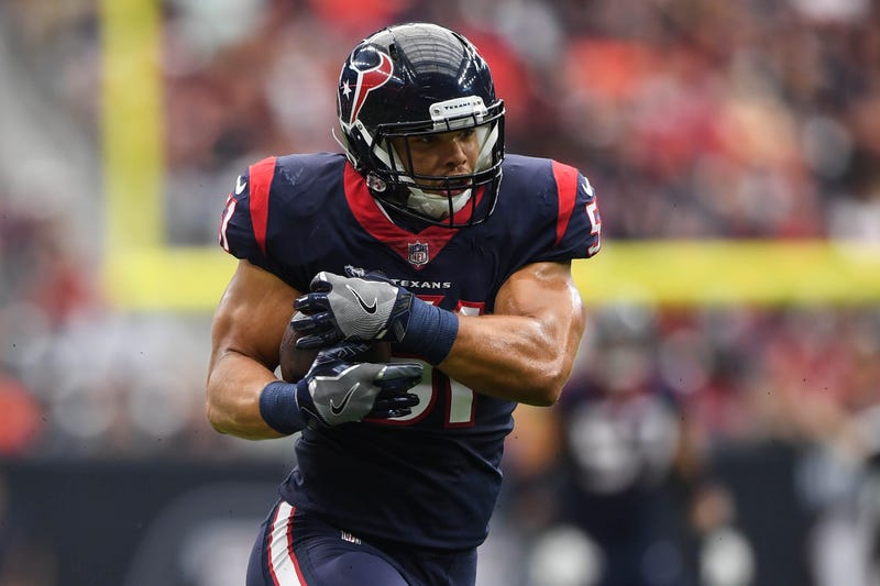 Houston Texans inside linebacker Dylan Cole (51) runs the ball after an interception during the second quarter against the Cleveland Browns at NRG Stadium.