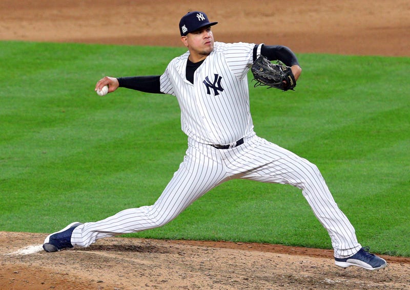 Dellin Betances pitches during the eighth inning against the Houston Astros during game three of the 2017 ALCS playoff baseball series at Yankee Stadium.