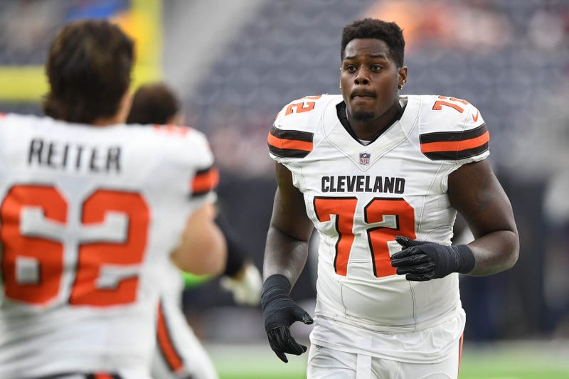 Oct 15, 2017; Houston, TX, USA; Cleveland Browns offensive tackle Shon Coleman (72) warms up before the game against the Houston Texans at NRG Stadium. Mandatory Credit: Shanna Lockwood-USA TODAY Sports