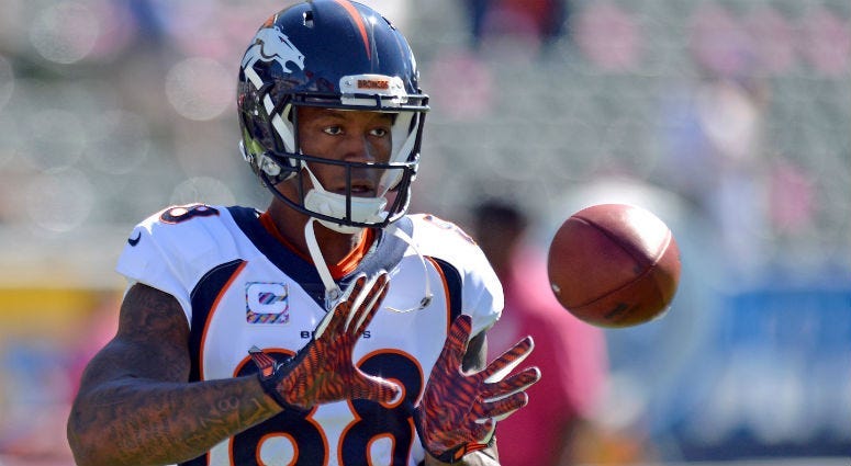 Demaryius Thomas catches a pass before the game against the Los Angeles Chargers at StubHub Center. 
